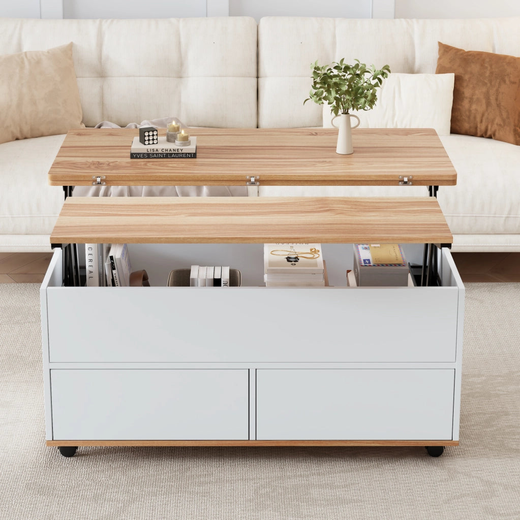 Tavolino da salotto rialzabile 100 x 98 x 65 cm in truciolare; bianco e effetto legno naturale