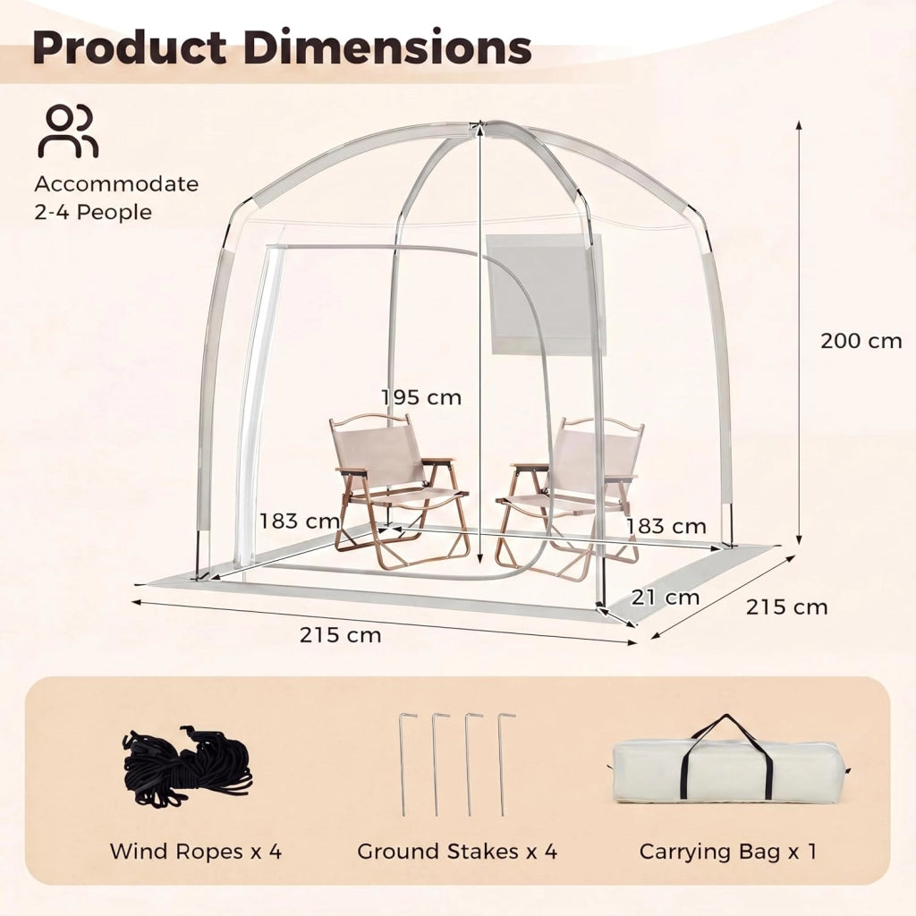 Tenda Sportiva a Bolla Pop-up 215 x 215 cm, Tenda Cupola Trasparente Resistente per Festival, Raduni all' Aperto, Eventi Sportivi, da Giardino, Terrazzo e Campeggio, 2-4 Persone