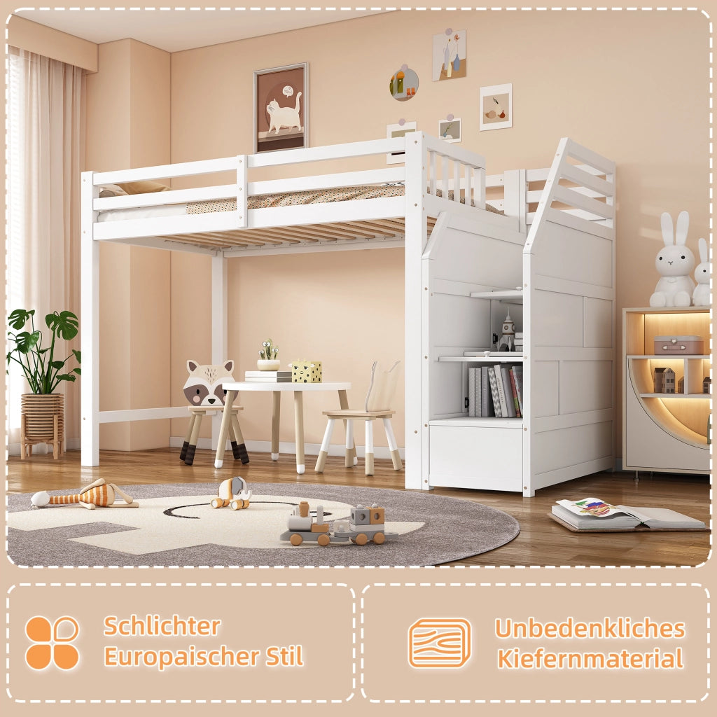 Letto a soppalco per bambini 90 × 200 cm con barriera, scaletta contenitore, senza materasso, bianco, pino