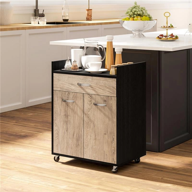 CARRELLO DA CUCINA CON CASSETTO, ARMADIETTO E 4 RUOTE IN LEGNO, 60X40X77CM, NERO
