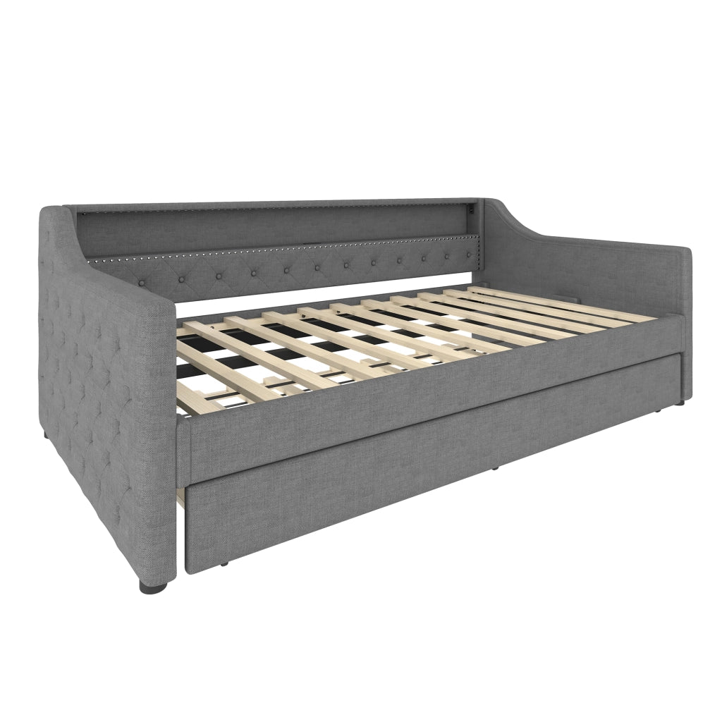 Letto daybed 90x200 cm con rete a doghe, letto estraibile, LED e USB, grigio