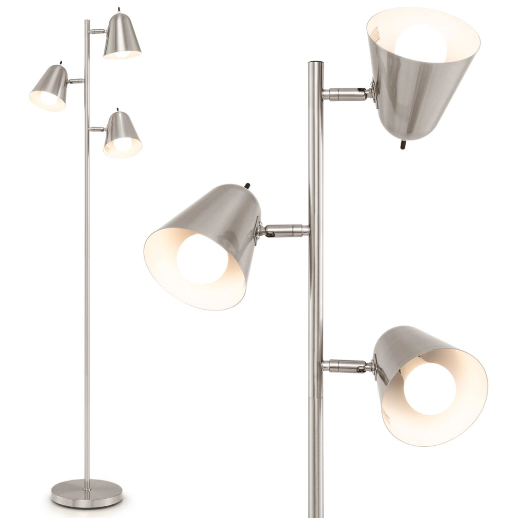 Lampada a forma di albero con 3 lampadine e paralumi regolabili, Palo in metallo robusto e base pesante Argento-Lampade