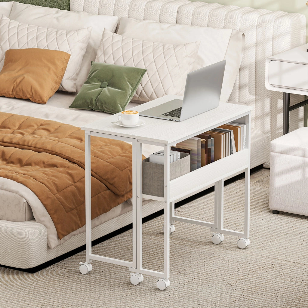 Scrivania Pieghevole Salvaspazio a Ribalta 80x50-21x75 cm con Scaffale e Ruote in MDF Bianco
