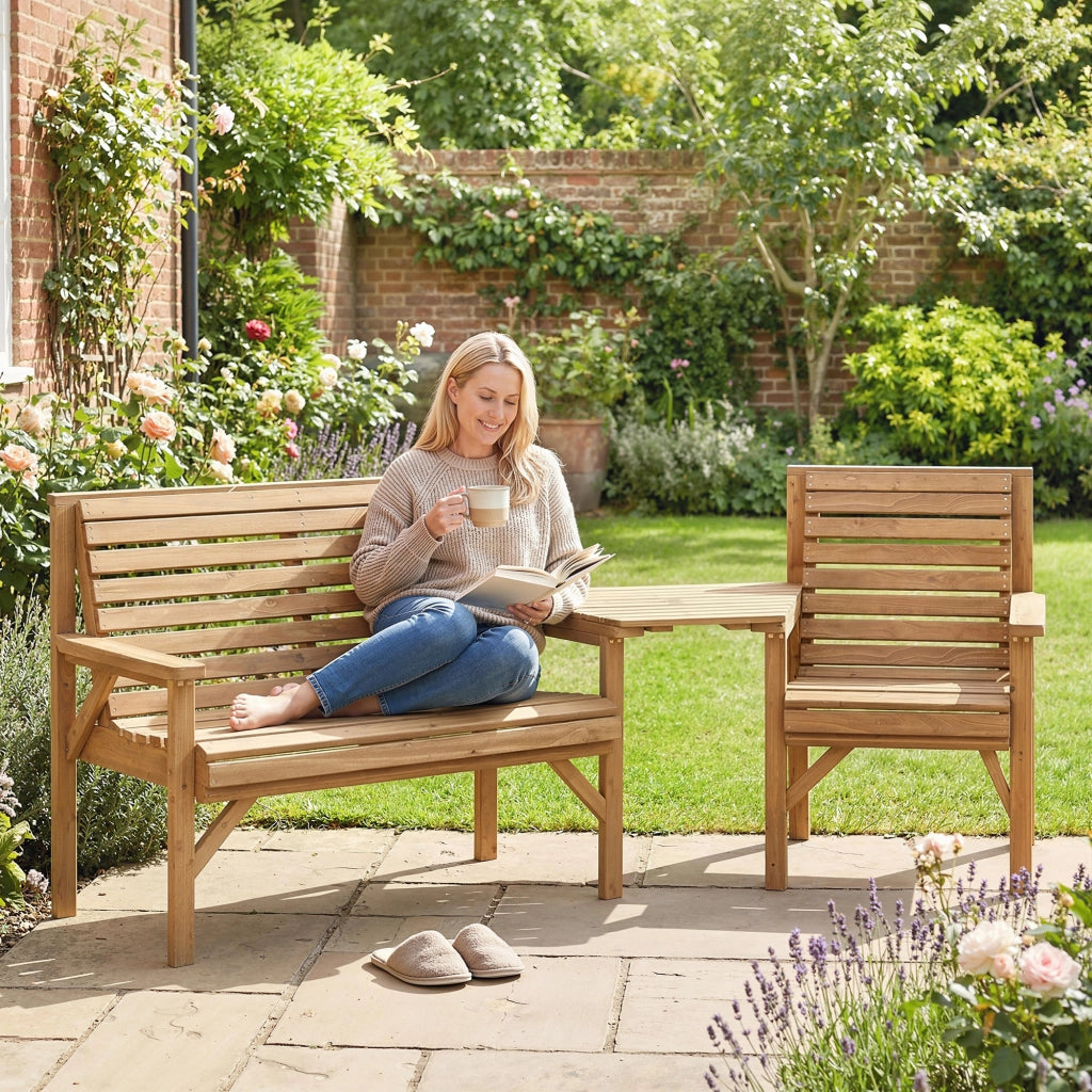 Set di sedie da giardino da 3; set di mobili da balcone con foro per parasole; sedia da giardino; panca; tavolo rimovibile 121x65x90 cm in legno naturale