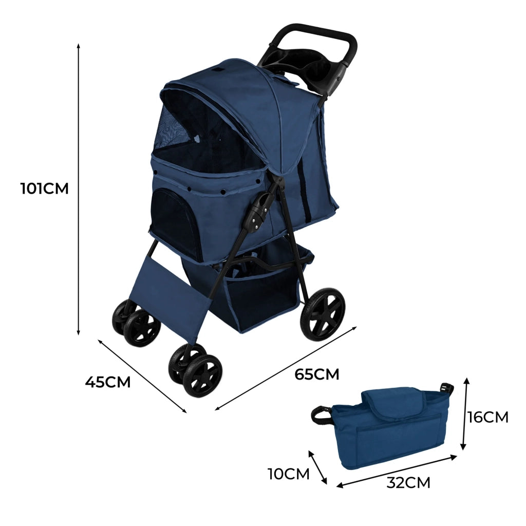 Passeggino per animali Blu con Borsa Organizer Pieghevole da Viaggio per Cani