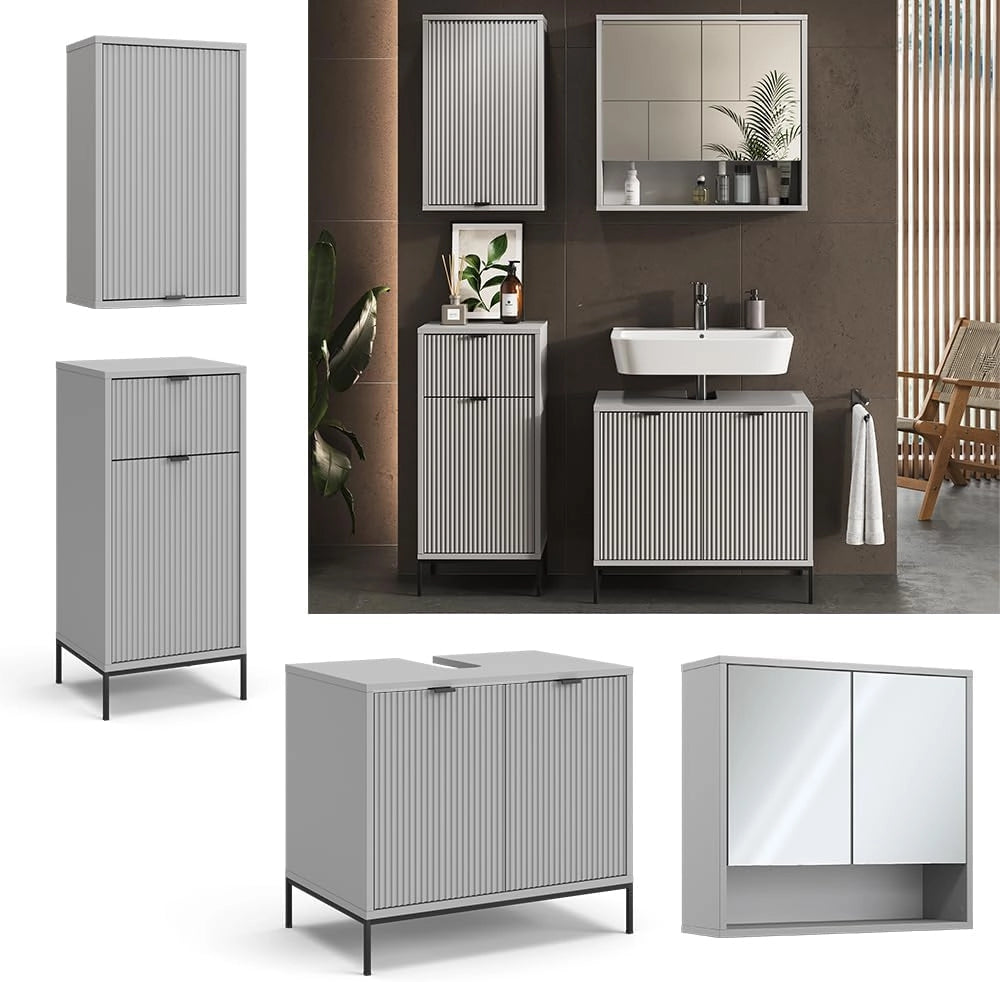 Set di mobili da bagno Eliza, Grigio, 70 cm, composto da mobile sottolavabo, specchiera, armadio medio e pensile