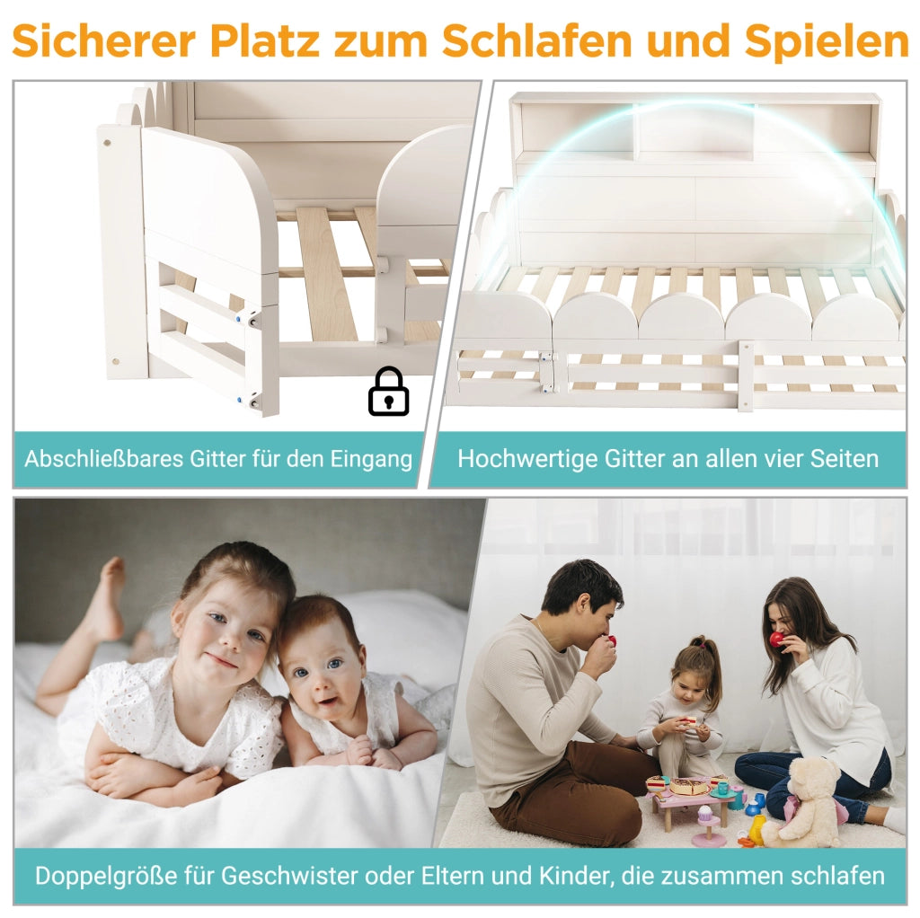 Letto a pavimento per bambini bianco con sponde, porta e ripiani
