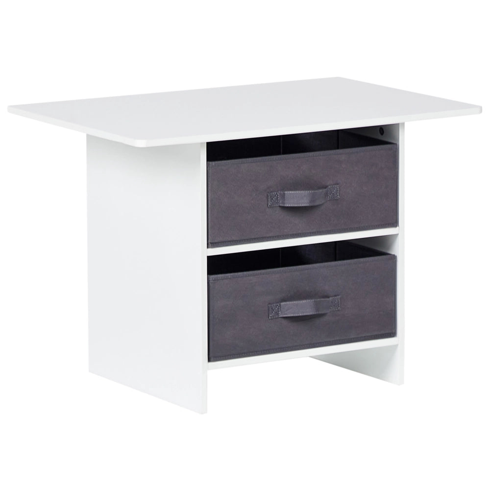 Set per bambini a 2 posti Tavolo con sedie MDF bianco e grigio Due scatole in tessuto non tessuto Cameretta per bambini alla moda