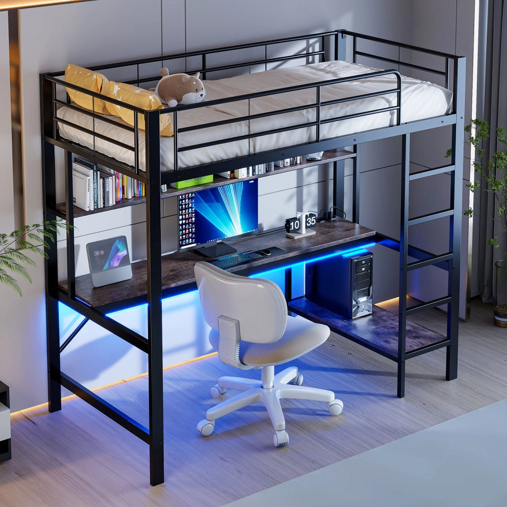 Letto a castello nero in metallo con funzione usb e presa elettrica 90x200 cm