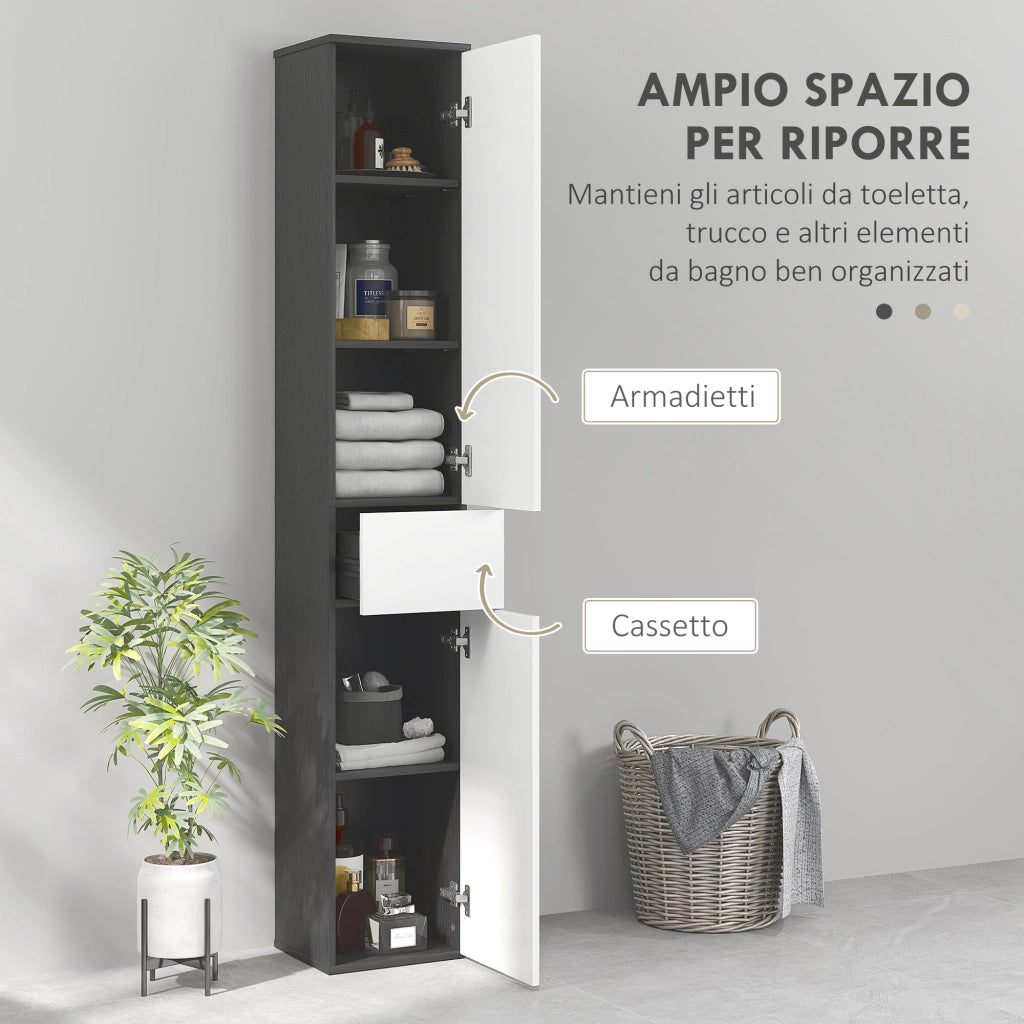 Colonna Bagno Salvaspazio in Legno con 2 Armadietti e Cassetto, 30x28x180 cm, Nero
