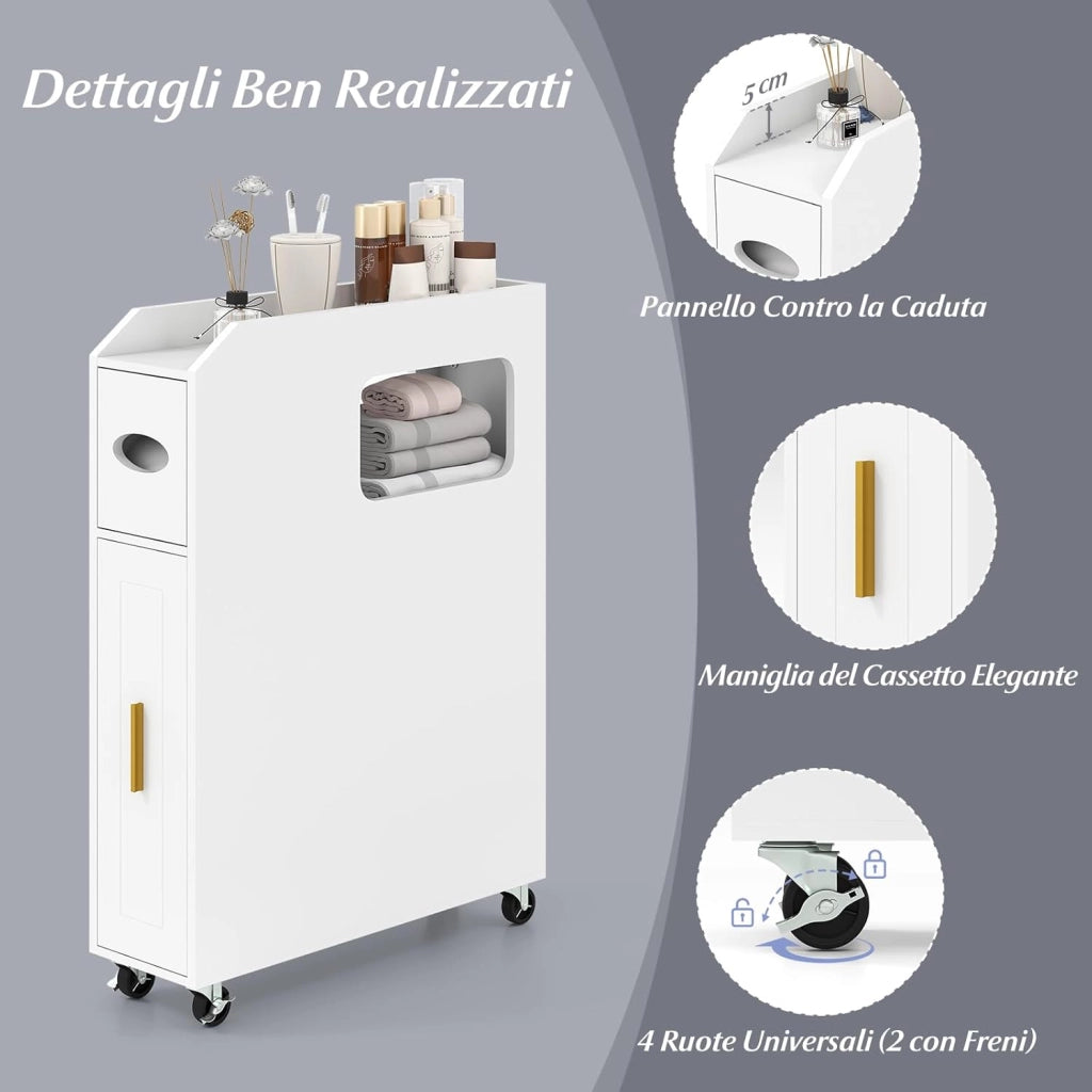 Credenza da Bagno Piccolo, Mobile Salvaspazio Stretto e Slim con Cassetto Scorrevole, Porta Fazzoletti, Portascopino e Ruote Bloccabile, Armadietto per Spazi Ridotti (Bianco)