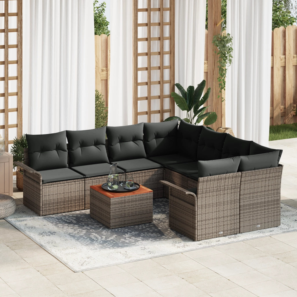 Set da Giardino da 9 Pezzi con Cuscini Grigio Polyrattan Acacia