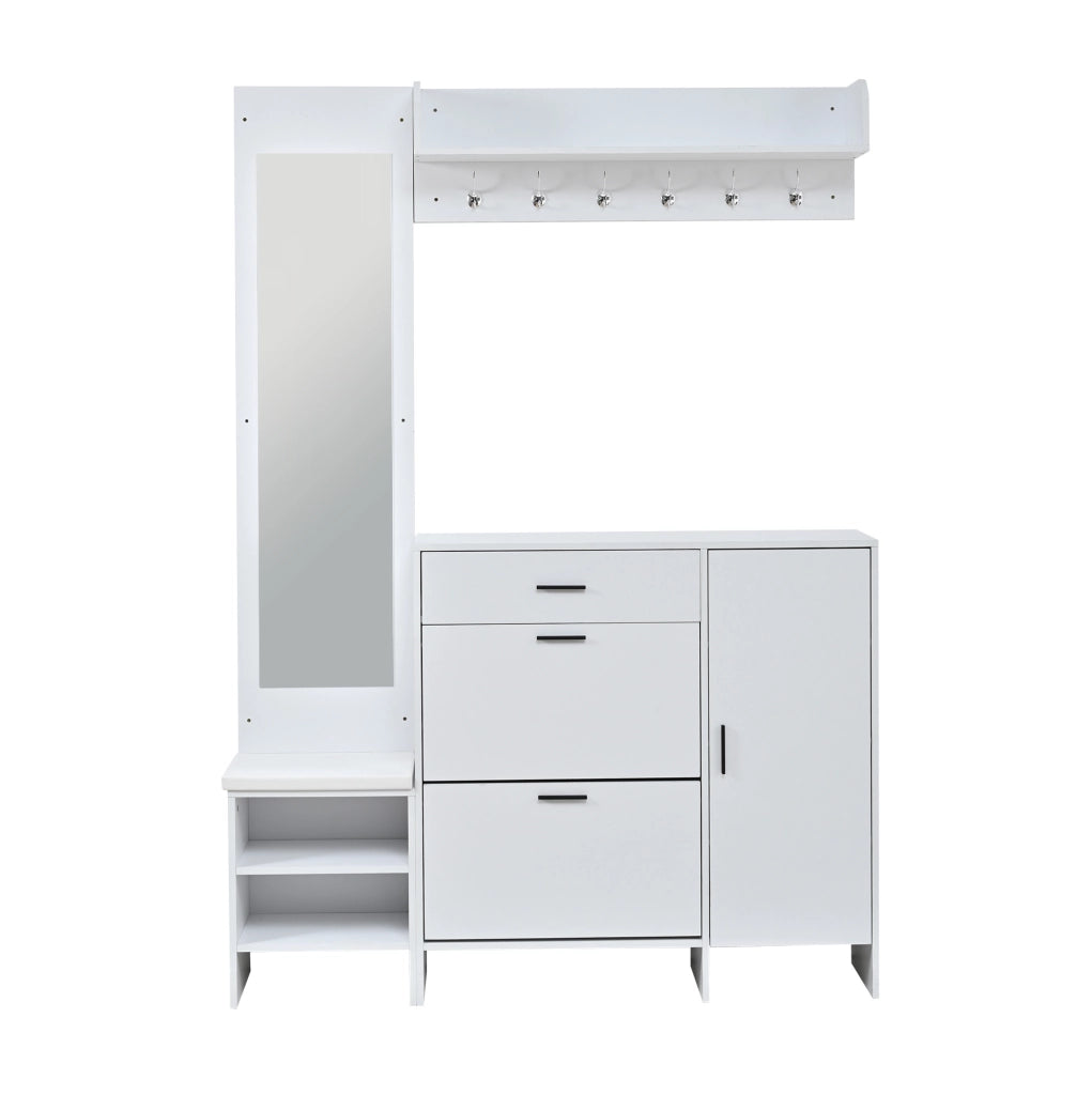 Guardaroba ingresso 140x30x200 cm con panca portascarpe; specchio e ganci in MDF bianco