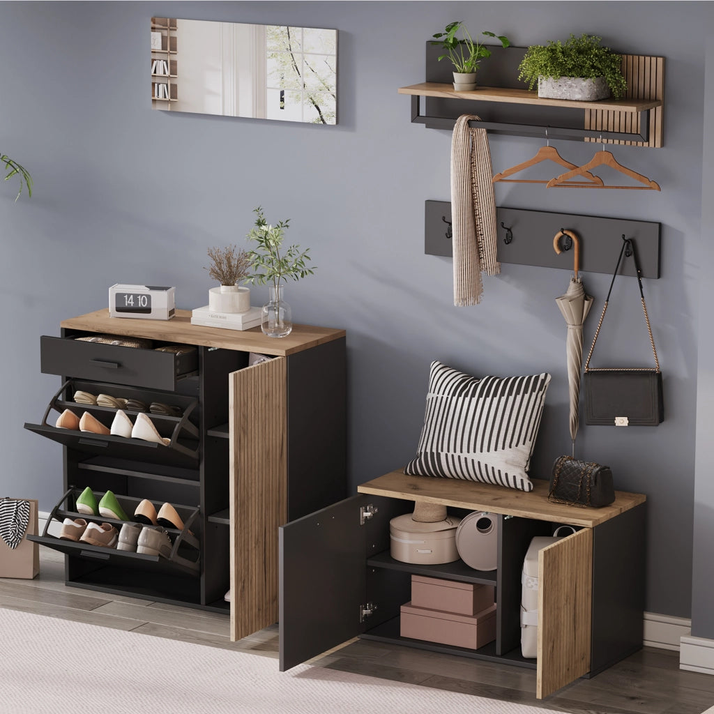 Set Ingresso 5 Pezzi con Scarpiera; Panca Porta Scarpe; Specchio; Mensola e Appendiabiti in Legno