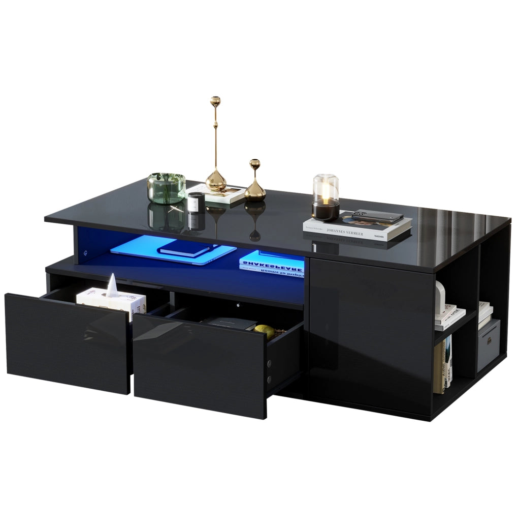 Tavolino da salotto 100x50x35 cm con LED; doppio cassetto; pannello truciolare nero