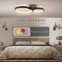 Plafoniera LED Moderna a 3 Anelli con Temperatura Colore Regolabile, Potenza 40W, Nero