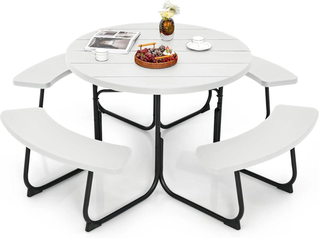 Set Tavolo da Picnic con 8 Posti, Tavolo da Picnic Rotondo con 4 Panche e Foro per Ombrellone, Tavolo da Campeggio Resistente in Metallo, per Giardino, Cortile, Patio (Bianco)