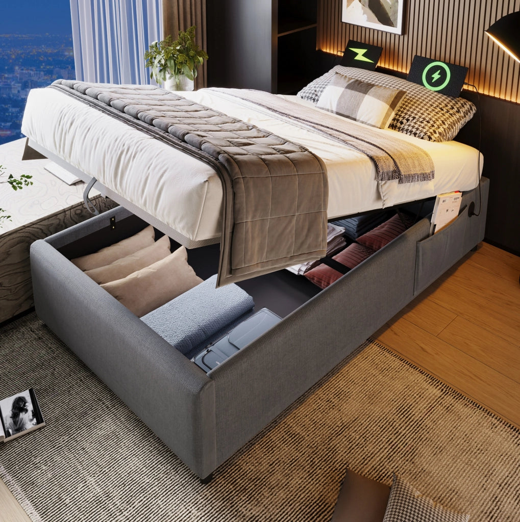 Letto contenitore 90x190 cm con USB e Type-C; senza testiera; grigio