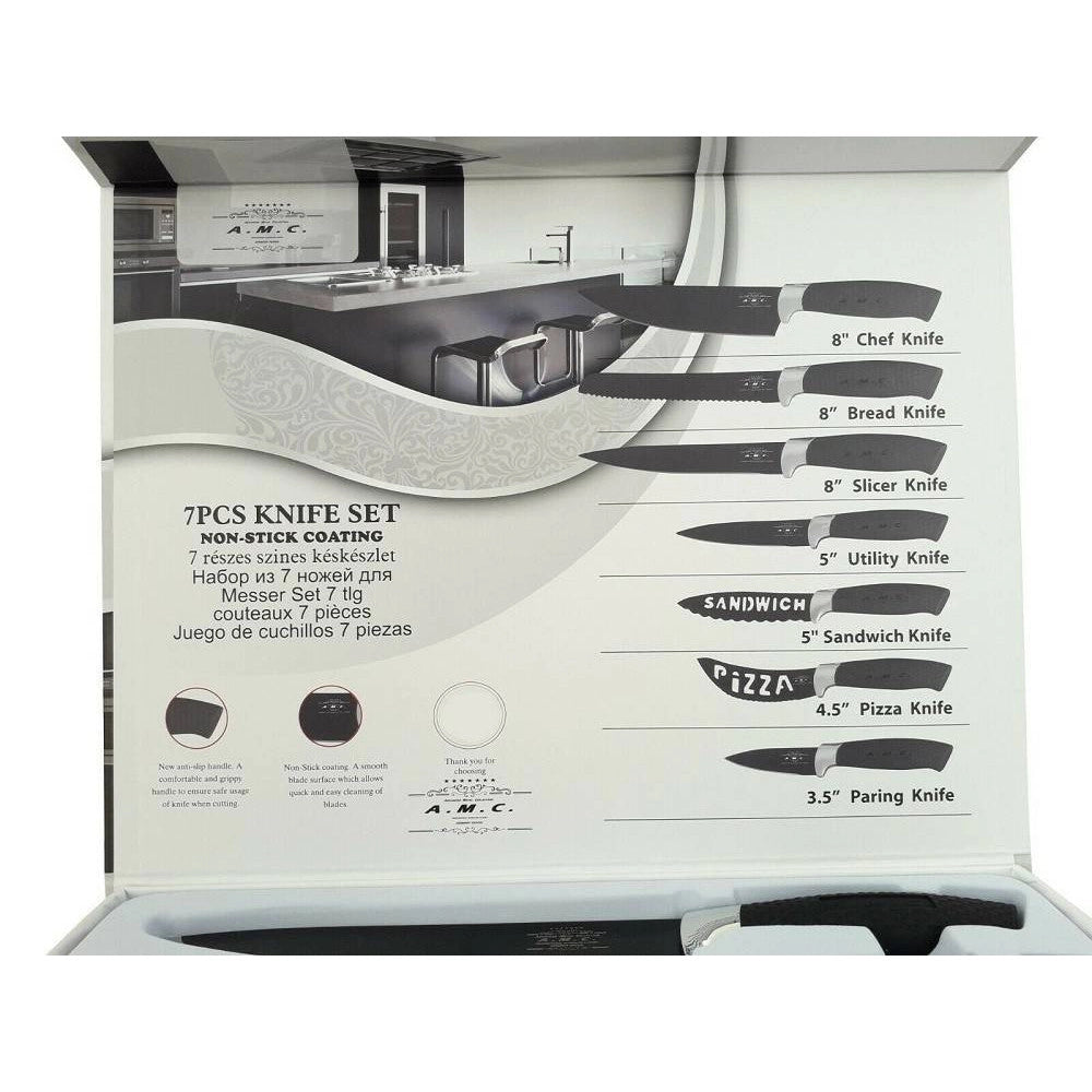 Trade Shop - Set 7 Coltelli Da Cucina In Acciaio Manico Antiscivolo Piu Pelapatate Black -