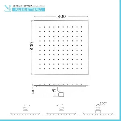 Soffione doccia quadrato 40x40 cm nero opaco in acciaio inox
