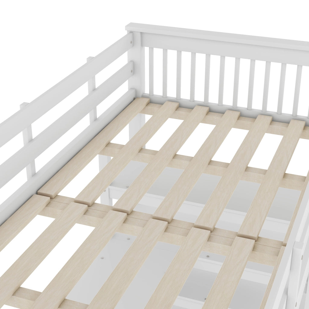 Hochbett 90x200 con scrivania e vani contenitivi, bianco