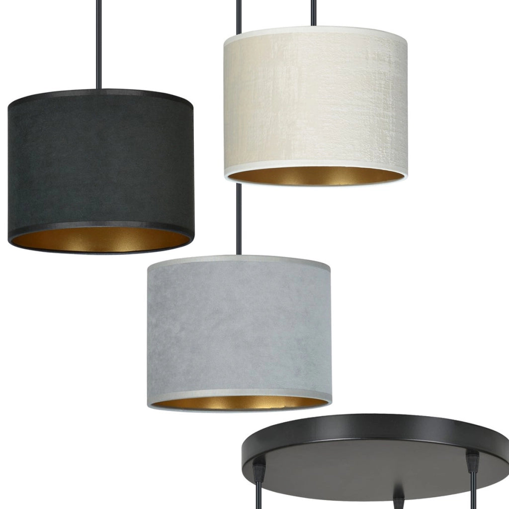 Lampada a sospensione Hilde a tre luci in tessuto effetto velluto