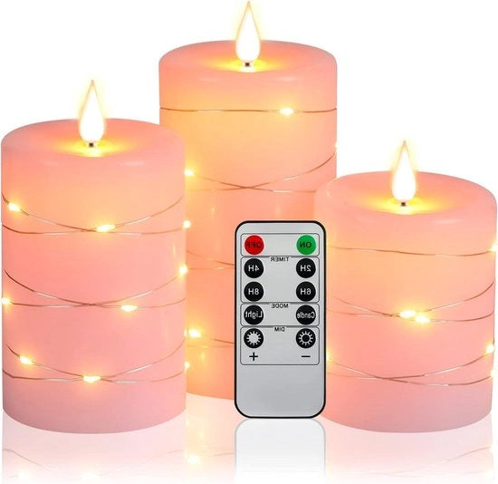 Set di 3 catene di luci a stella con angolo di visuale di 360 gradi - Timer a 24 ore - Controllo remoto a 10 tasti - Effetto fiamma danzante - Materiale vero (Rosso)