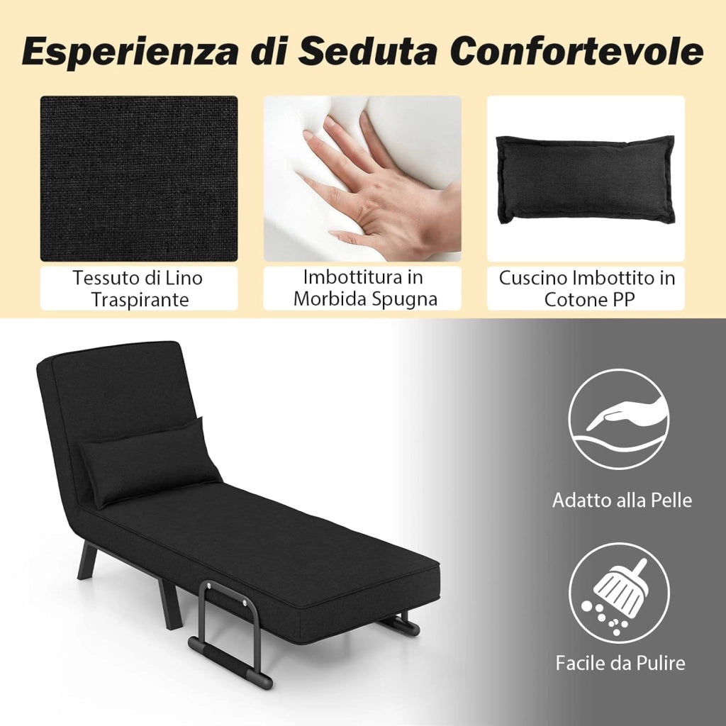 Poltrona Letto, 4 in 1 Poltroncina Pieghevole con Schienale Regolabile in 6 Posizioni, Sedile Imbottito Robusto, Divano Letto Singolo per Casa Ufficio, 79x65x79 cm (Nero)