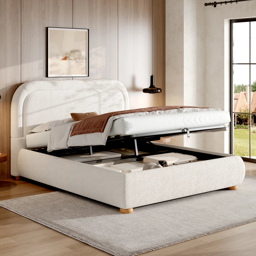 Letto matrimoniale 160x200 cm in bouclé bianco con contenitore idraulico, rete a doghe e struttura robusta