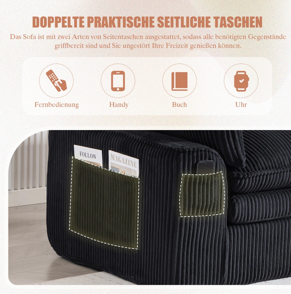 Divano 2 posti ULEVR 191x94x85 cm in velluto a coste nero con cuscini e tasche laterali