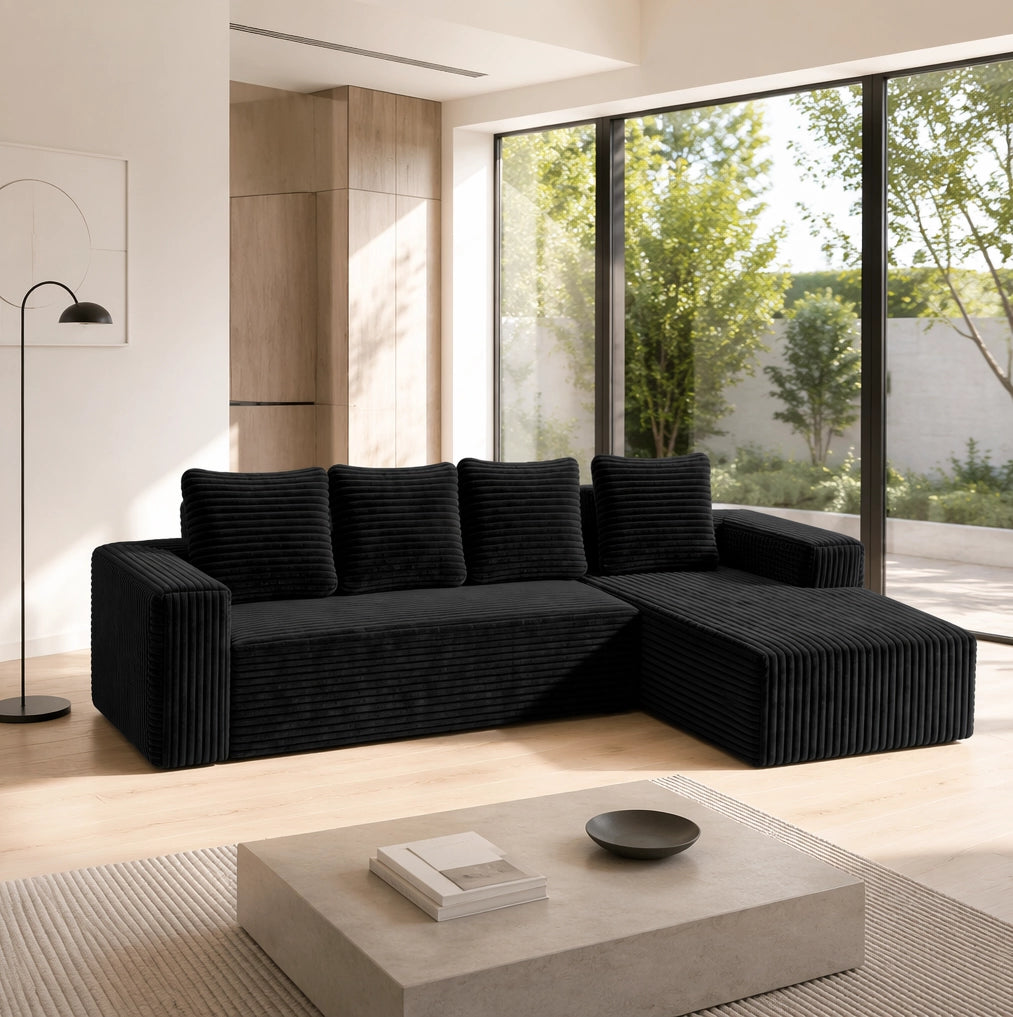 Divano modulare angolare a L con chaise reversibile; senza montaggio; in velluto a coste nero