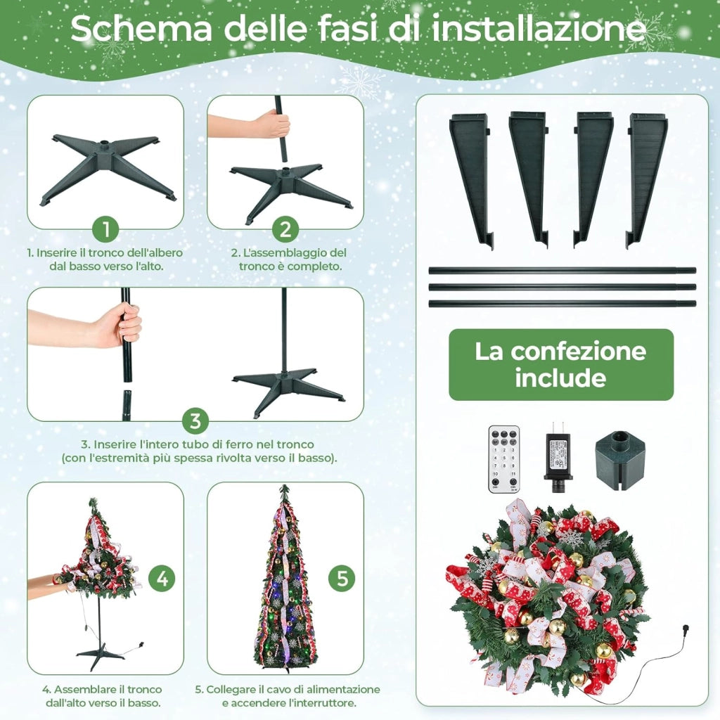150cm Albero di Natale Pop Up, Albero di Natale Artificiale con 120PCS Luci LED, 11 Modalità di Illuminazione, Albero di natale Pieghevole, Salvaspazio, con Palline di Natale, Nastri