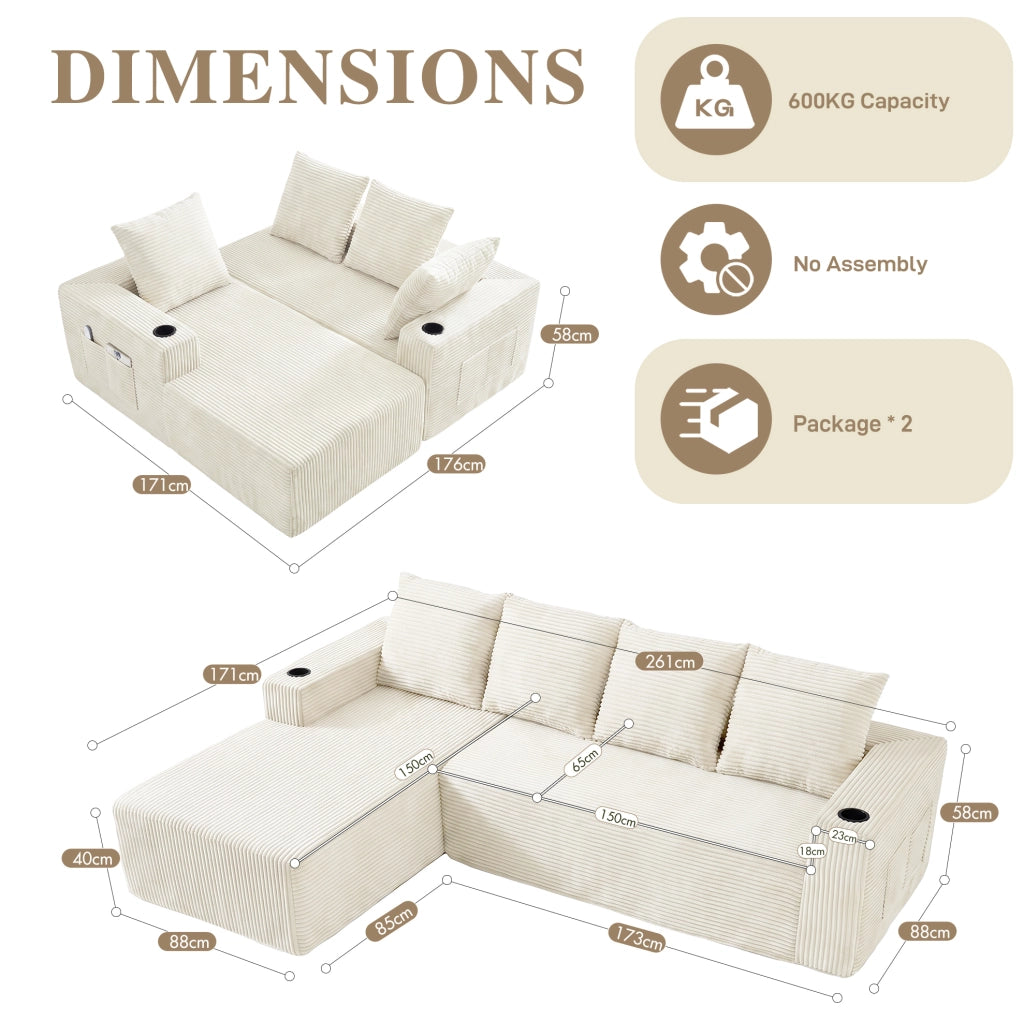 Divano modulare a L con chaise longue; portabicchieri e tasche; velluto a coste beige