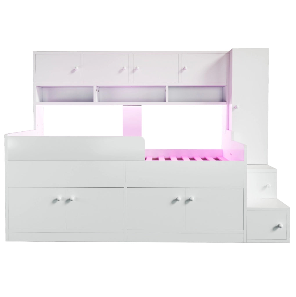 Letto per bambini 90x200 cm in legno; con contenitori; scaffali e LED; bianco