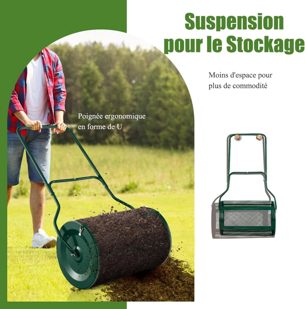 Rullo Spargiconcime Prato da 80L, Spargiconcime a Rullo Ø39 x 68 cm con Manico e Cestello in Rete Metallica, Spargiterriccio da Giardino per Concimazione e Semina (Verde)