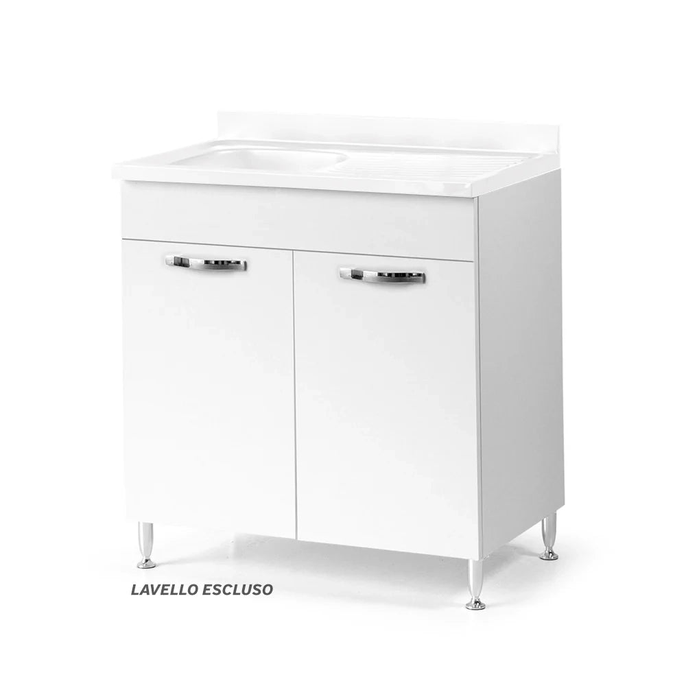Sottolavello per cucina componibile da 80 cm con due ante, Lavello con 2 Vasche, realizzato in legno 100% MADE IN ITALY colore Bianco Frassino