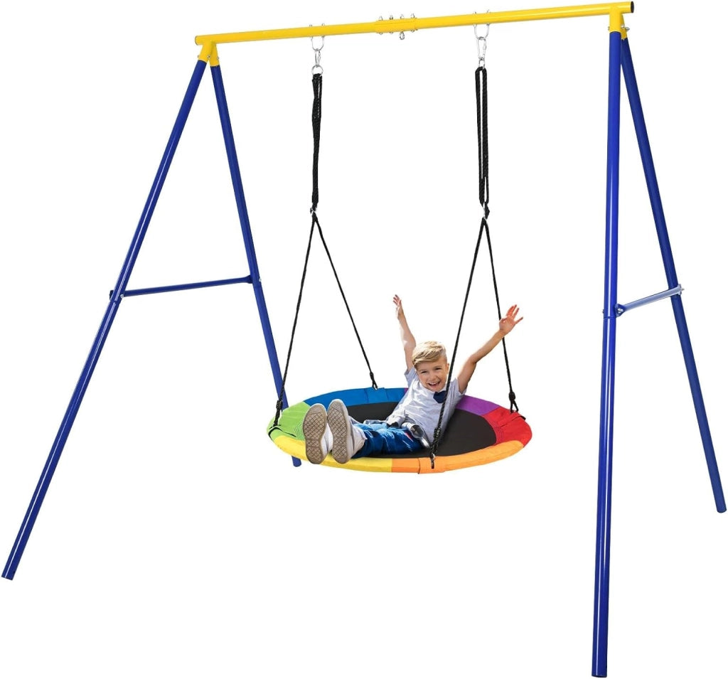 Struttura per altalena singola, resistente alle intemperie, per altalena per bambini, struttura a dondolo da giardino, portata fino a 150 kg, colore giallo e blu