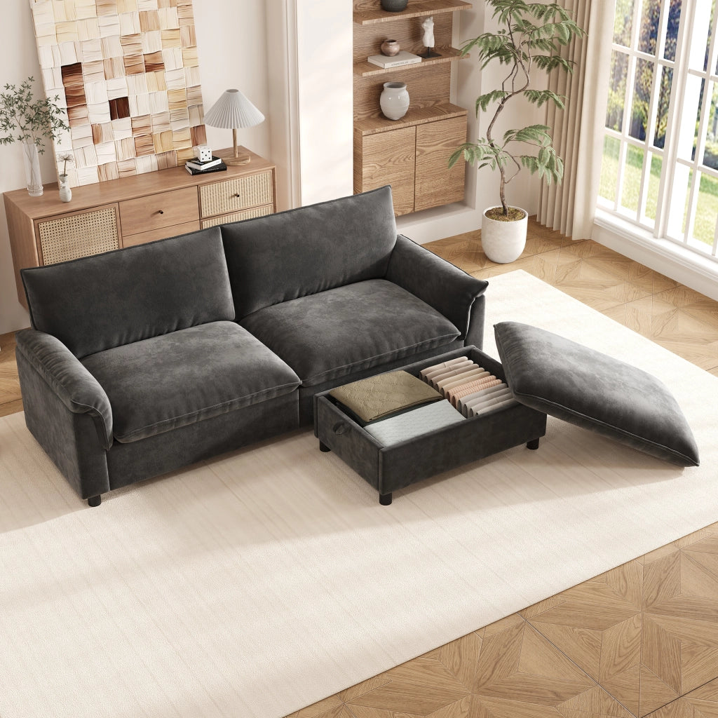 Divano modulare Cloud in chenille nero con pouf contenitore e funzione letto temporaneo