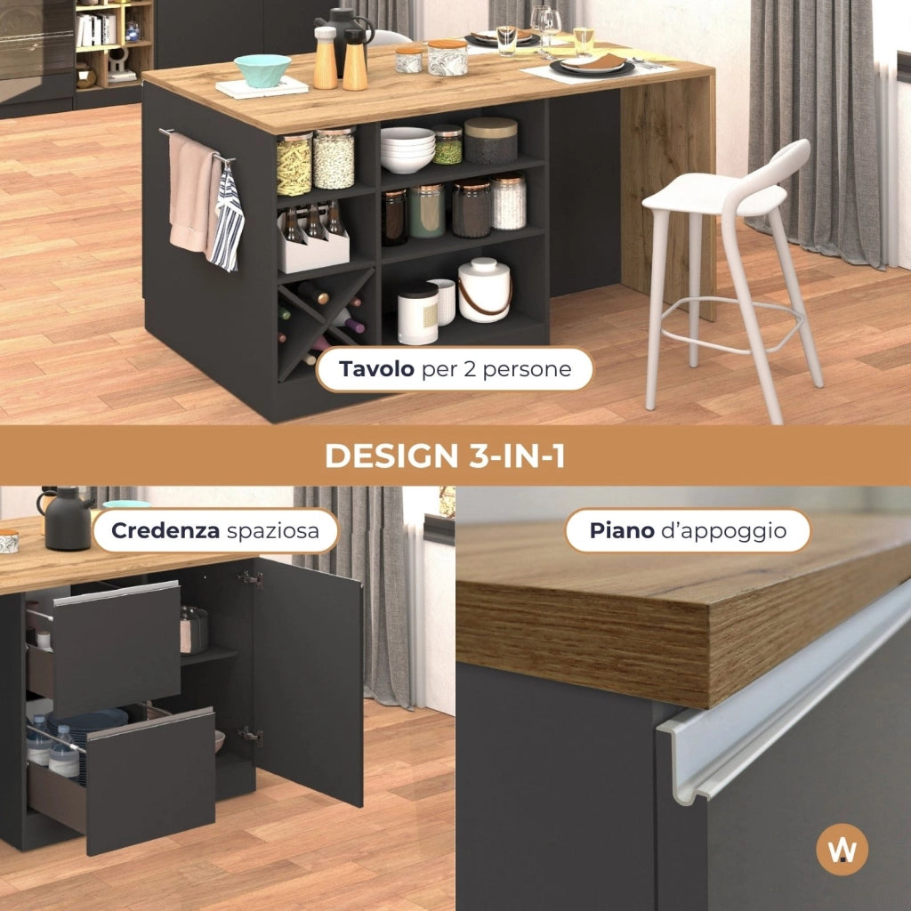 WHOUS Isola da cucina Sole con 1 anta 2 cassetti e 6 vani antracite opaco/rovere 153x90x91 cm