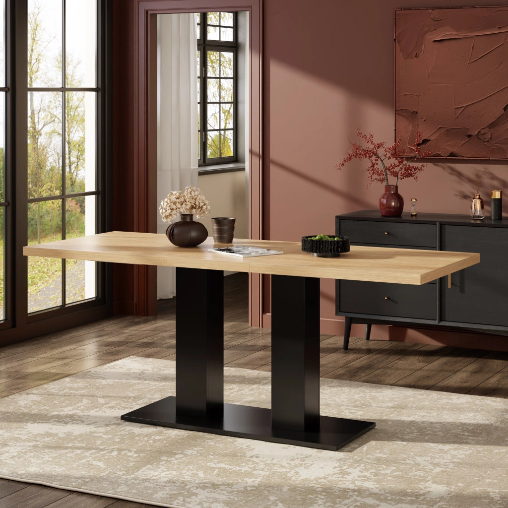 Tavolo allungabile, 140/180 × 70 cm, per 6-8 persone, color rovere, nero