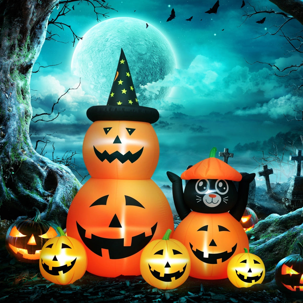 Calabaza Inflabile Halloween con Gatto e Luci LED IP44 ¨C zephmum ¨C Arancio 160x100x180 cm