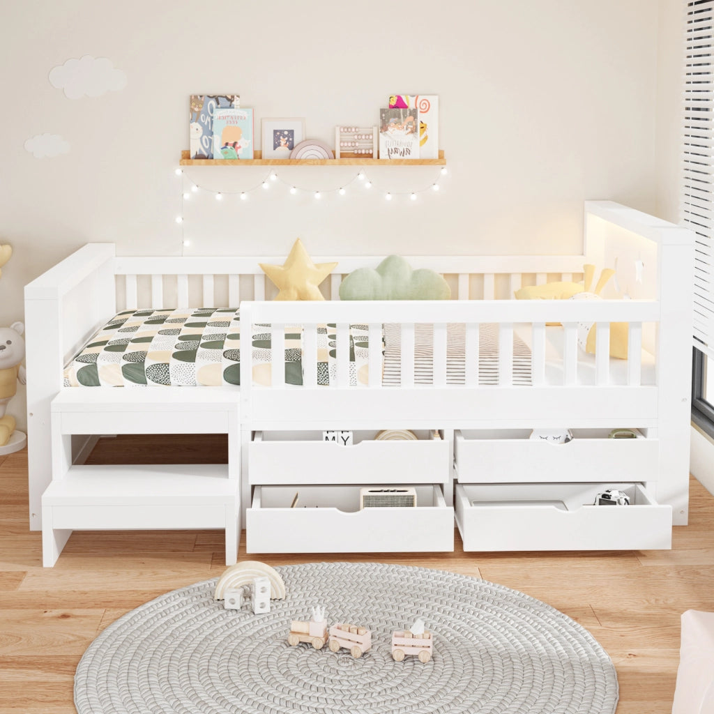 Letto singolo per bambini 90x200 cm con 4 cassetti; testiera stelle e luna; gradino; sponda e LED; legno bianco
