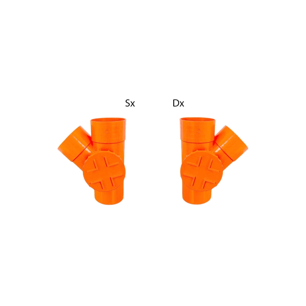 Derivazione 45° con tappo per ispezione in pvc : Diametro - 125 (con tappo Ø100), Modello - Sinistra