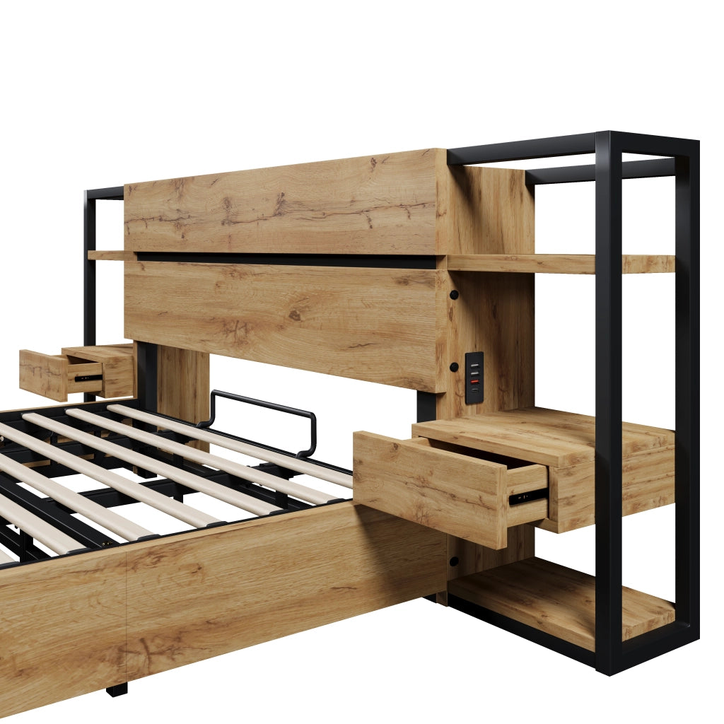 OKWISH Letto contenitore 180×200 cm, Letto Matrimoniale con Vano Contenitore, 2 Cassetti, USB, Tipo C e Testiera con VanI, senza Materasso, Rovere