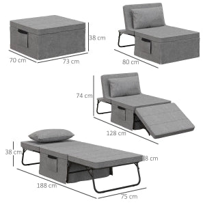 Letto pieghevole 4 in 1 grigio con schienale regolabile a 5 posizioni, struttura in acciaio