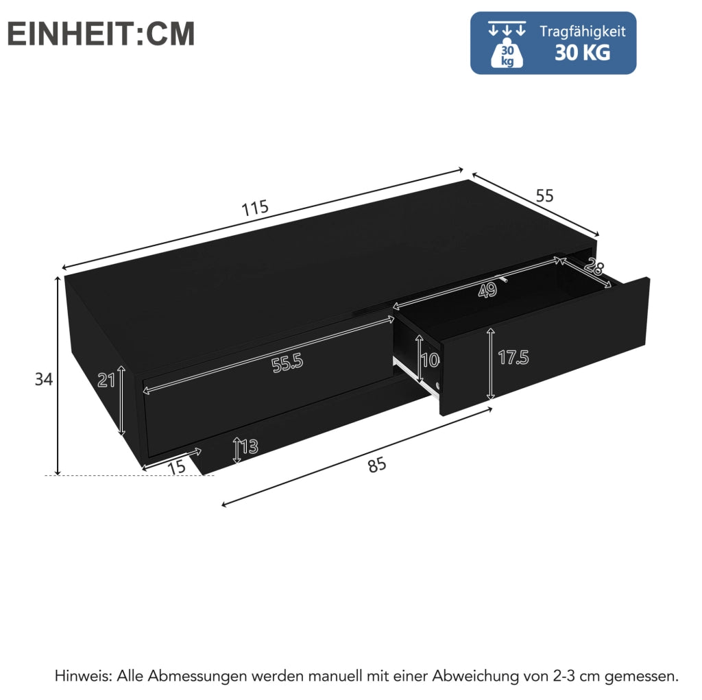 Tavolino da salotto 115x55x34 cm; luci LED e 2 cassetti; truciolare; nero