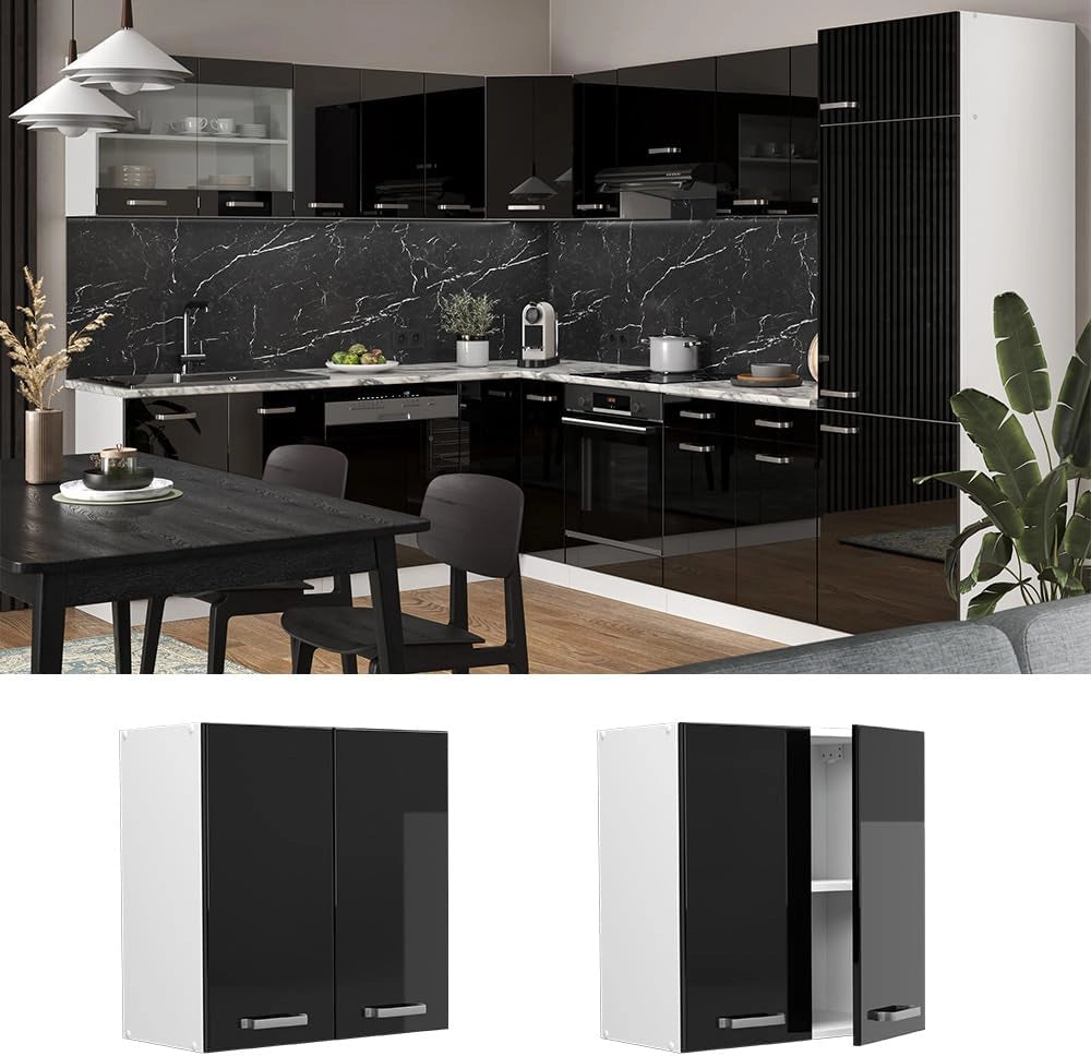 Pensile da cucina R-Line, Nero lucido, 60 cm, per la libera combinazione all'interno di sistemi cucina modulari