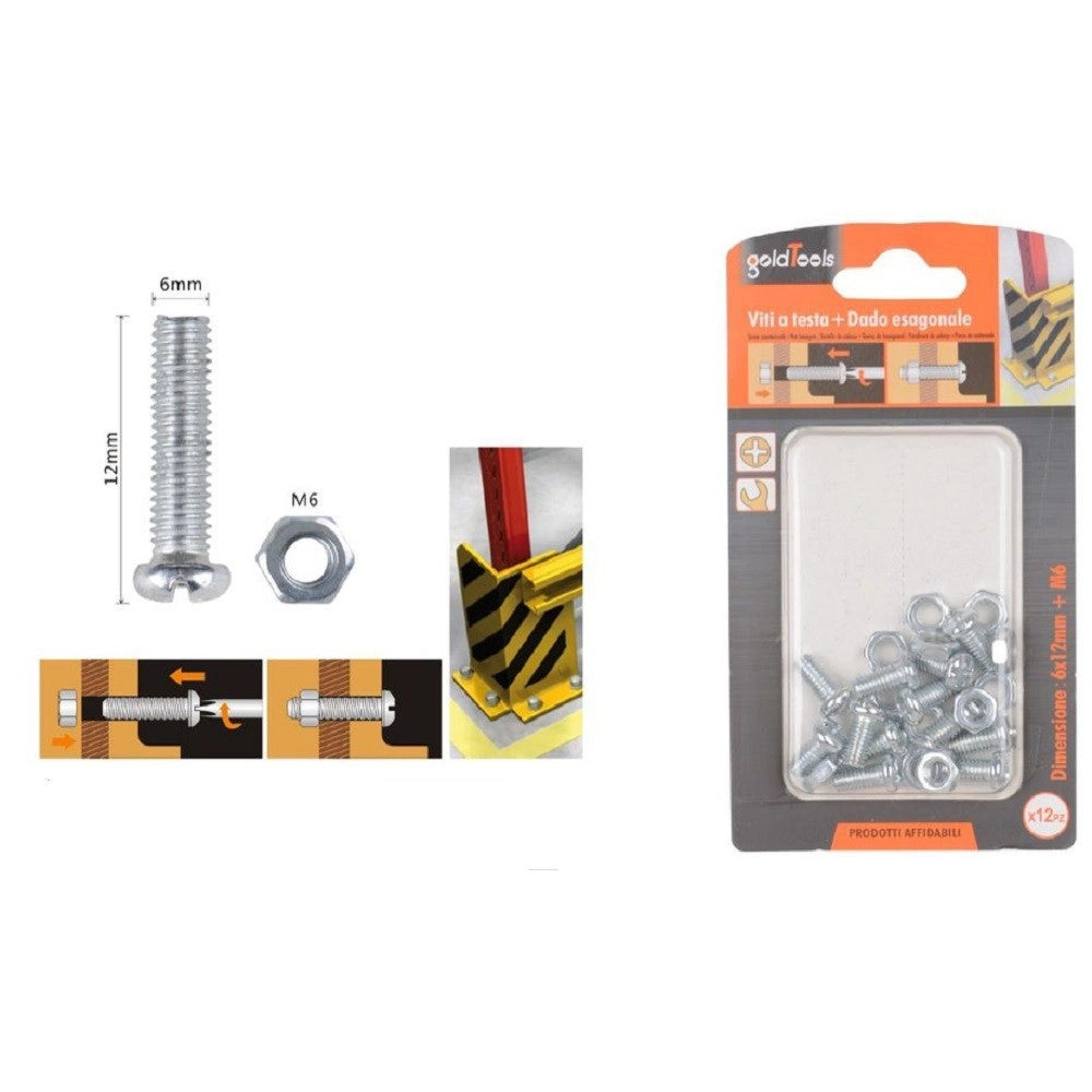 Trade Shop - Set 12 Pz Viti Vite Testa A Croce Tonda 6x12 Mm Con Dadi Dado Esagonale M6 90974 -