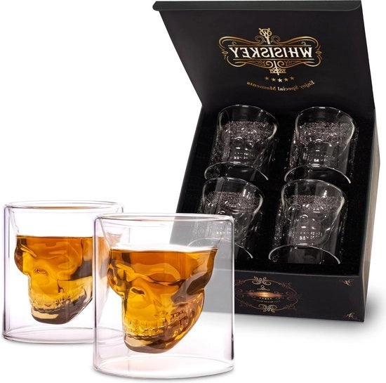 Tumbler Classici con Disegno di Teschio - Set da 4 (125 ml) - Calici per Whisky e Altri Liquori