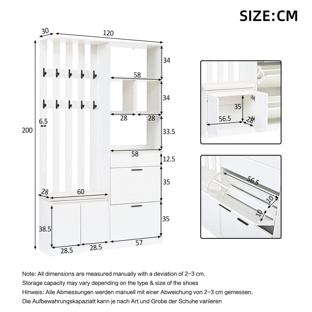 Garderoba da ingresso multifunzionale 120x30x200 cm in MDF bianco con panca e scarpiera